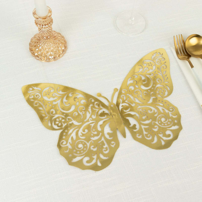 Gold filigree butterfly placemat on a textured table setting.