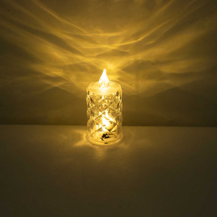 Decorative candle casting warm light and intricate shadows on a wall.