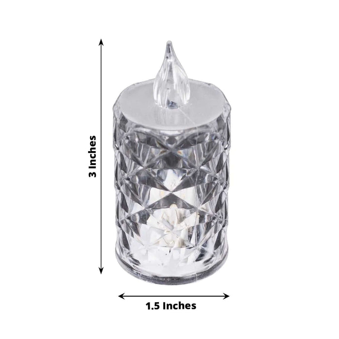 Clear decorative candle holder with diamond pattern, 3 inches tall and 1.5 inches wide.