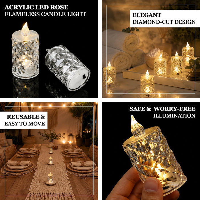 Acrylic LED rose flameless candle light, diamond-cut reusable decor lamp