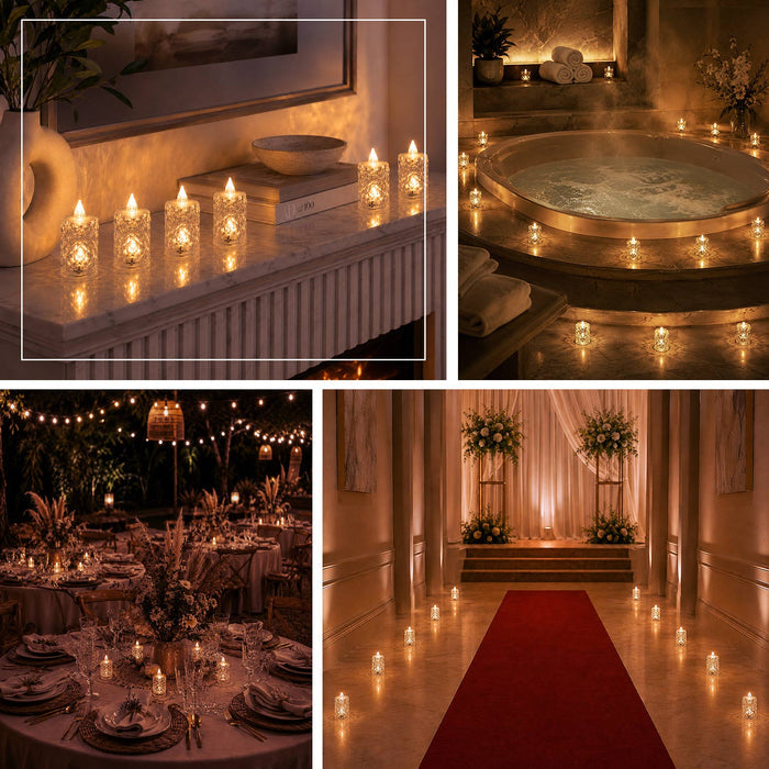 Elegant candle-lit wedding and spa decor with warm ambient lighting
