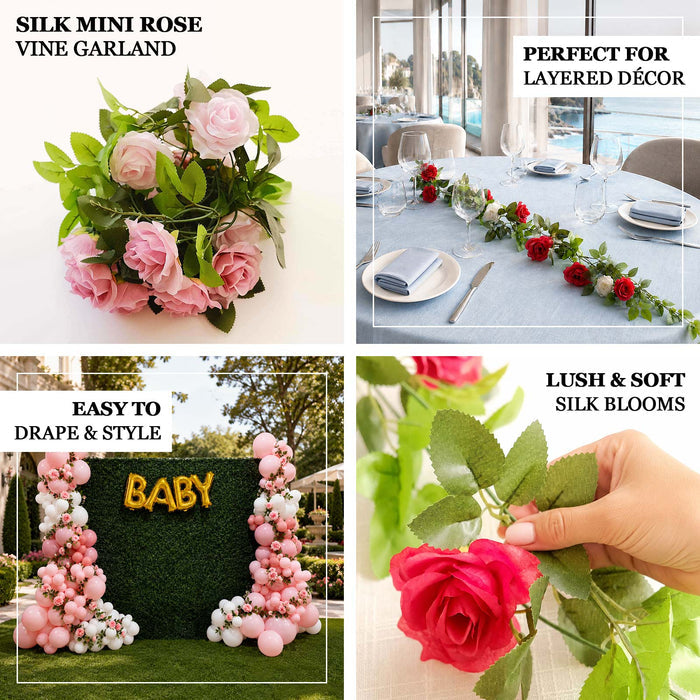 Silk mini rose vine garland with soft faux blooms and greenery, ideal for table décor, balloon arches, backdrops, and layered event styling.
