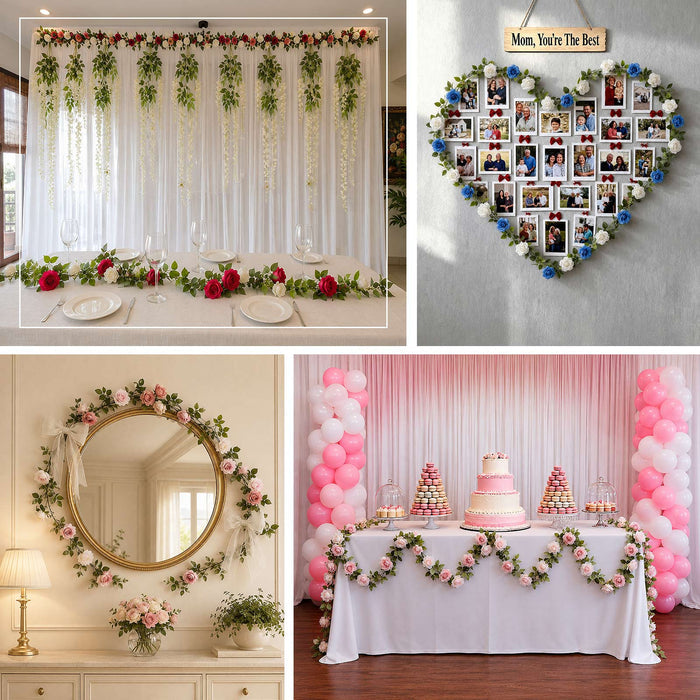Silk rose vine garland styled as a romantic table centerpiece accent and wall decor.