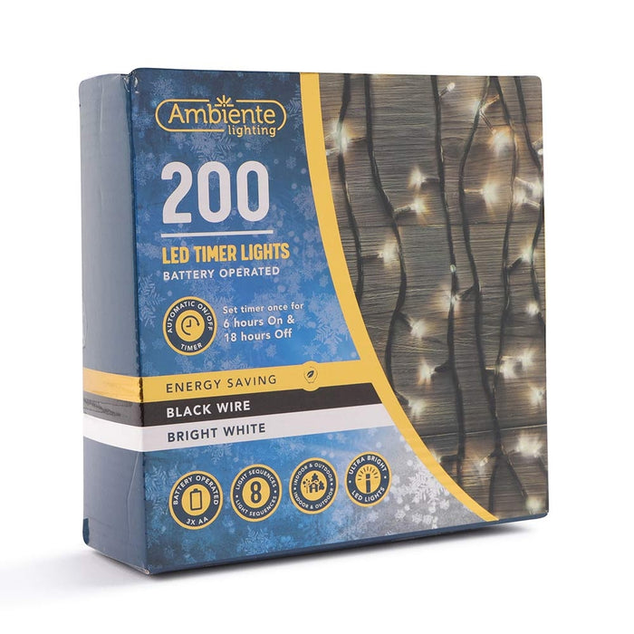 200 Black Wire Battery Operated Led Lights - Bright White 338954