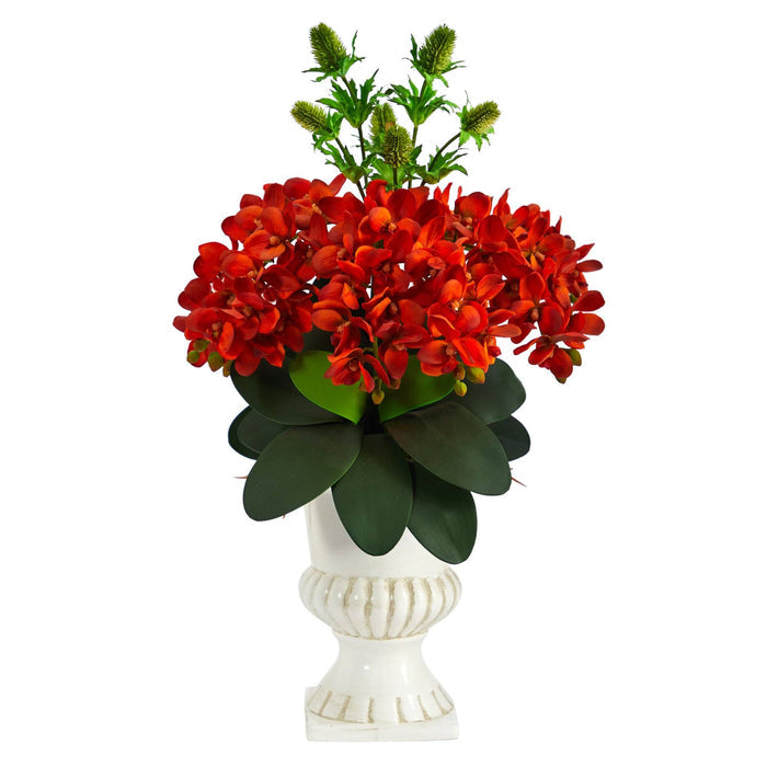27” Phalaenopsis Orchid and Thistle Artificial Arrangement in White Urn