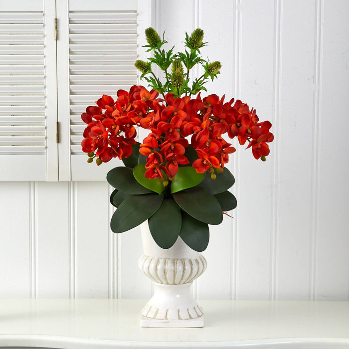 27” Phalaenopsis Orchid and Thistle Artificial Arrangement in White Urn