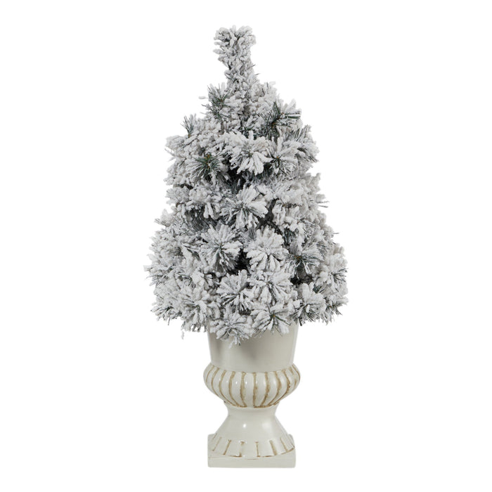 28” Flocked Artificial Christmas Tree with 30 Clear LED Lights in White Urn