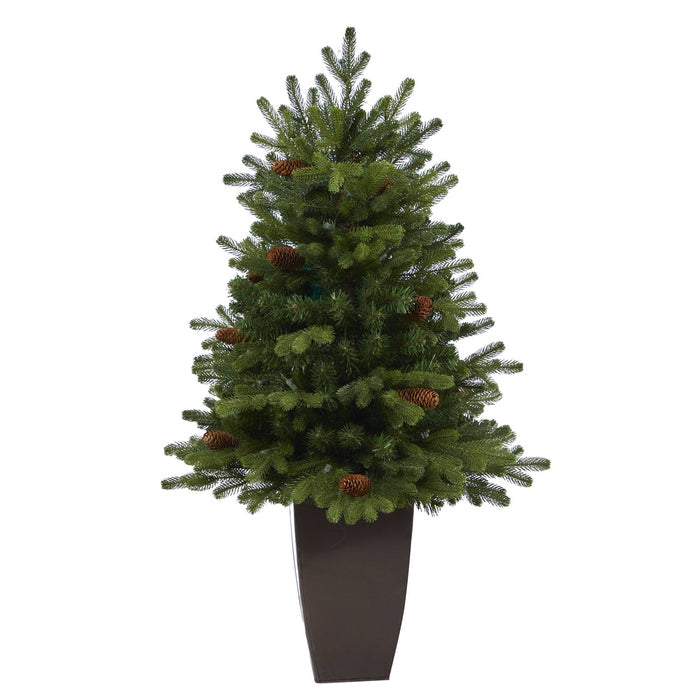 3.5’ Yukon Mountain Fir Artificial Christmas Tree with 50 Clear Lights and Pine Cones in Bronze Metal Planter