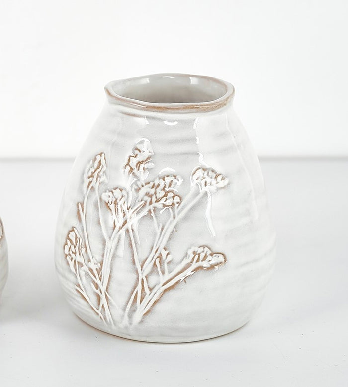 4" Ceramic Vase with Debossed Flowers, White