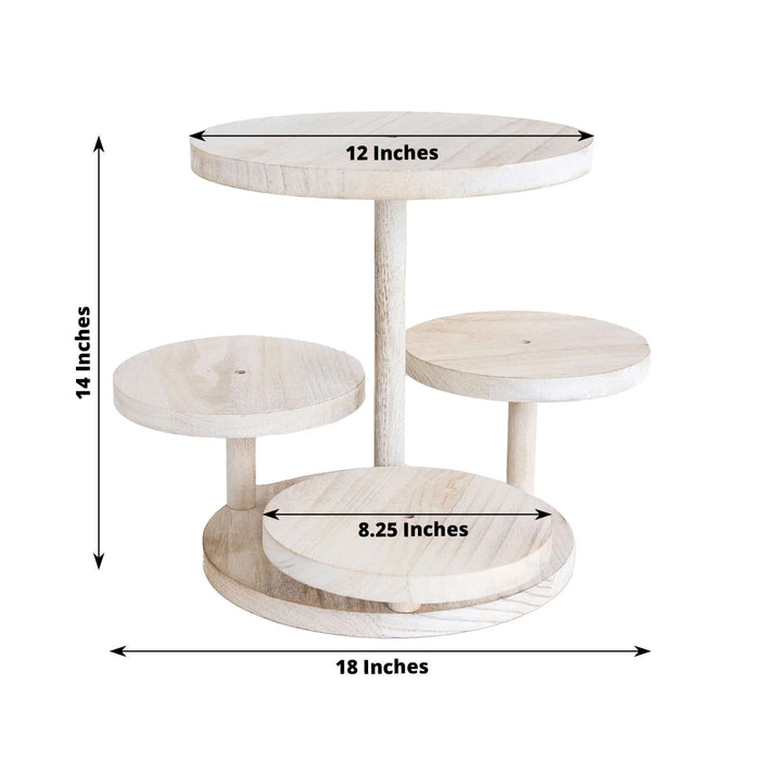 Wooden display stand with three circular shelves, measuring 12", 8.25", and 18".