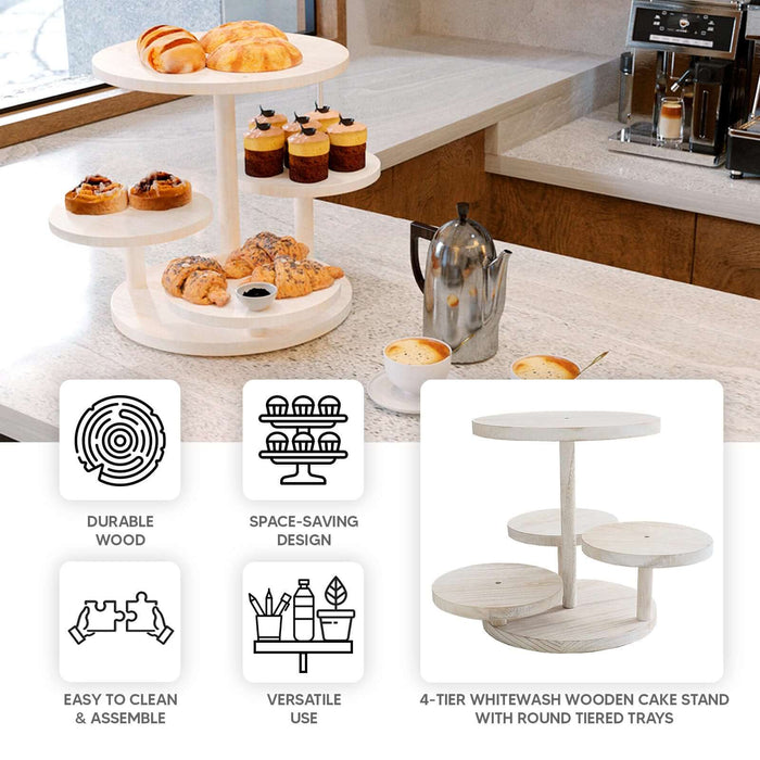 4-tier whitewash wooden cake stand with round tiered trays for desserts and pastries.