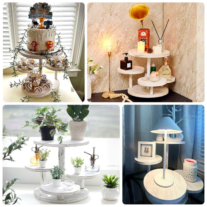 Decorative multi-tiered display stands for cakes and plants in various settings.