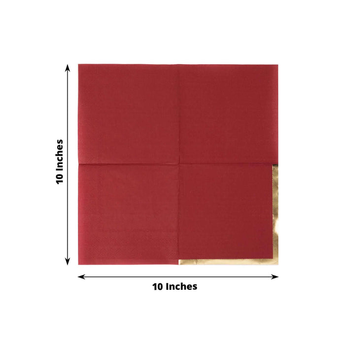 Red and gold napkin, 10 inches square, perfect for festive occasions.