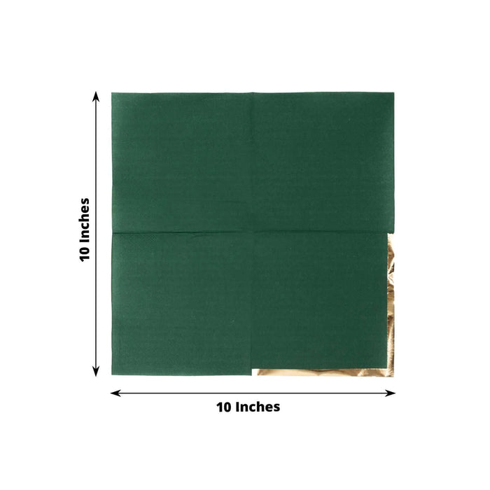 Green square napkin with gold foil corner, 10 inches by 10 inches.