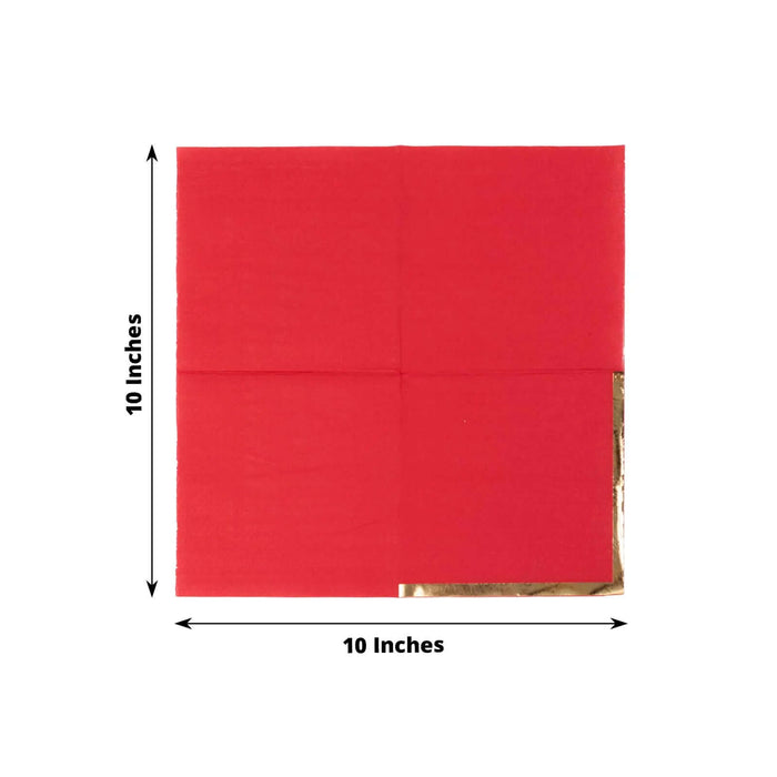 Red paper napkin with gold foil corner, 10x10 inches.