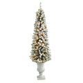 5.5’ Flocked Pencil Artificial Christmas Tree with 200 Clear Lights and 318 Bendable Branches in Decorative Urn