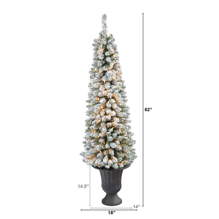 62” Flocked Pencil Artificial Christmas Tree with 200 Clear Lights and 318 Bendable Branches in Charcoal Urn