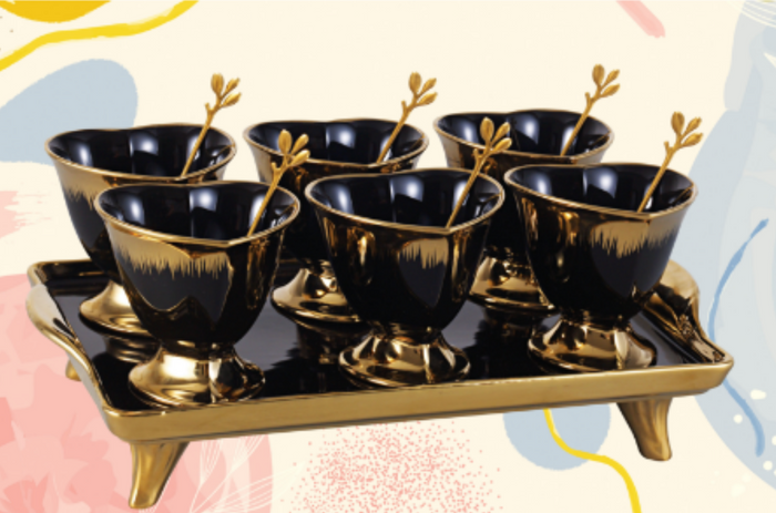 7-pieces Ice-cream Bowls and Tray Set Ceramic Black and Gold Dessert Mugs Serving Tray with Golden Dessert Spoons
