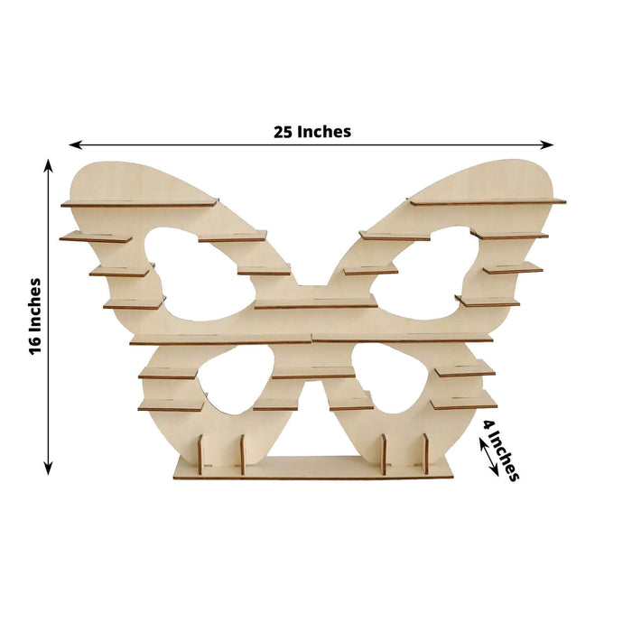 Butterfly-shaped wooden shelf with dimensions 25x16x4 inches.