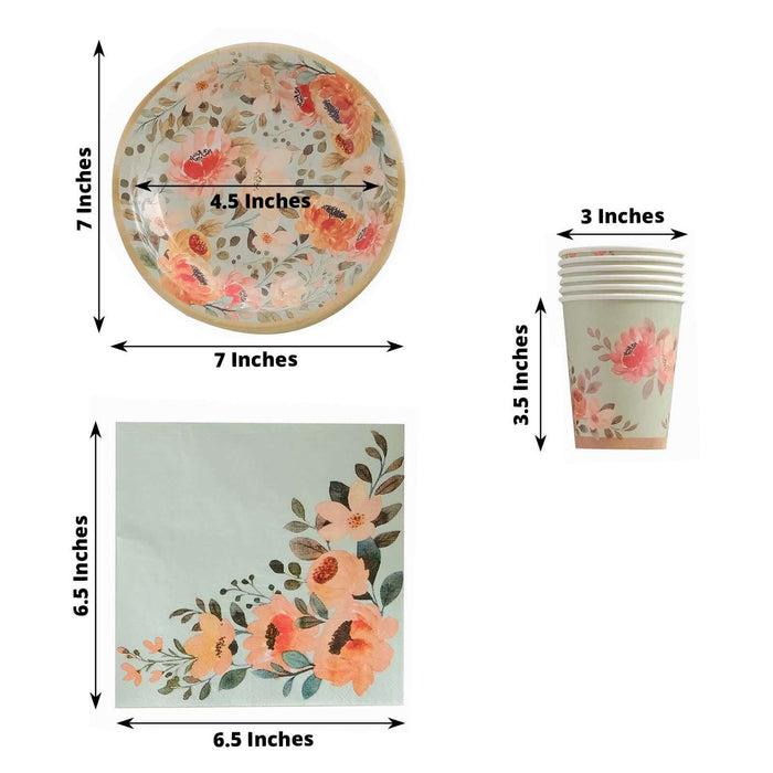 Floral paper plate and cup set with dimensions on a plain background.