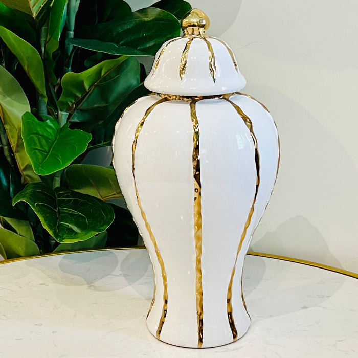 14" Ginger Jar in White and Gold | Ceramic Flower Vase with Lid – Medium Decorative Centrepiece for Living Room and Kitchen Décor (1 piece included)