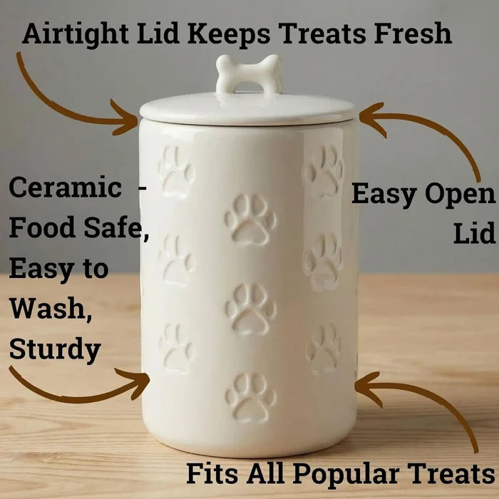 Airtight Dog Treat Jar, 5x9 Inch Ceramic Canister with Lid, 7 Cup Capacity for Kitchen Counter Happy Tails Pet Shop Store