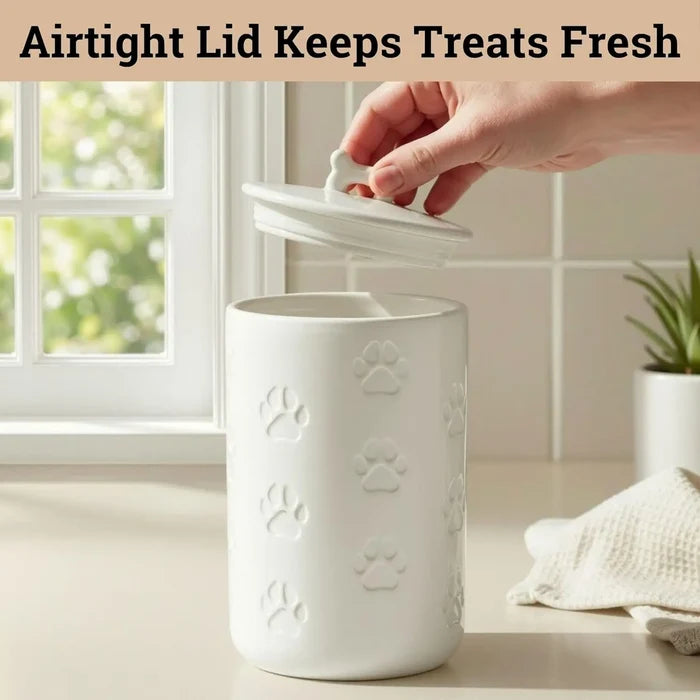 Airtight Dog Treat Jar, 5x9 Inch Ceramic Canister with Lid, 7 Cup Capacity for Kitchen Counter Happy Tails Pet Shop Store