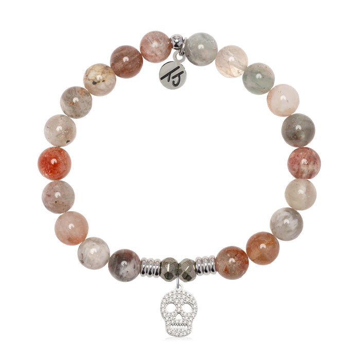 Arusha Agate Gemstone Bracelet with Skull CZ Sterling Silver Charm