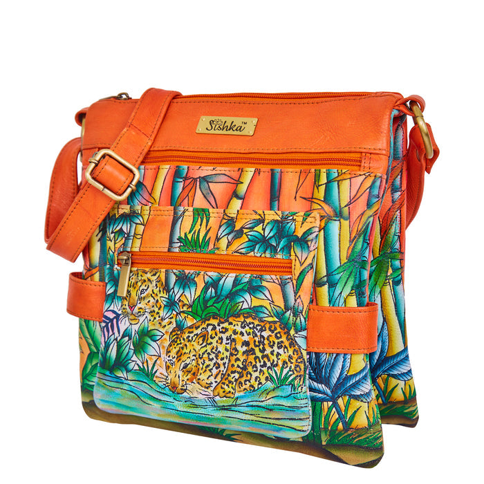 Women's hand-painted bamboo cheetah crossbody bag for everyday carry-half side view