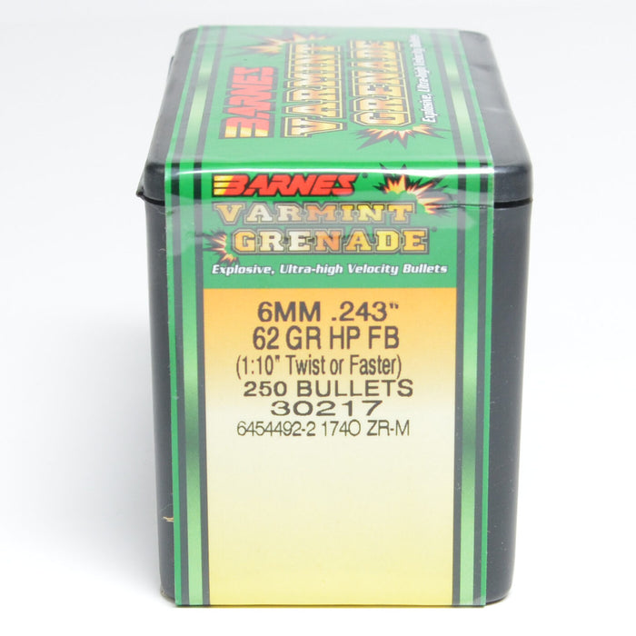 Barnes .243 Diameter 62 Grain Hollow Point Flat Base Varmint Grenade Bullets
