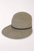 Beige straw hat with a black band on a white background