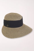 Beige straw hat with a black band on a white background