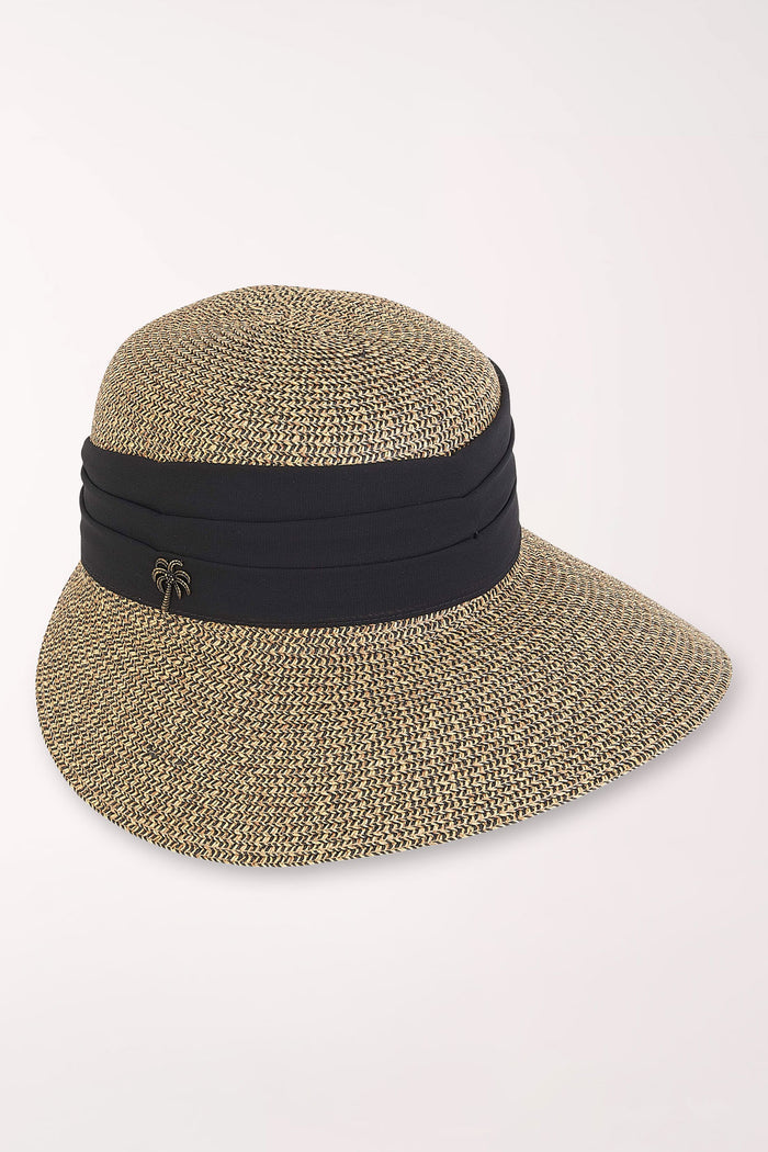 Beige straw hat with a black band on a white background
