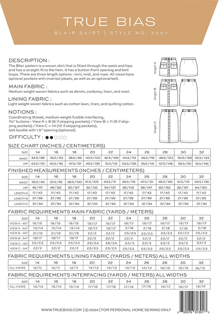 Blair Skirt - 14- 32 - By True Bias Patterns