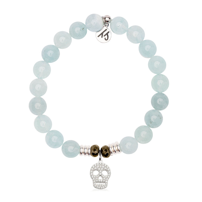 Blue Aquamarine Gemstone Bracelet with Skull CZ Sterling Silver Charm