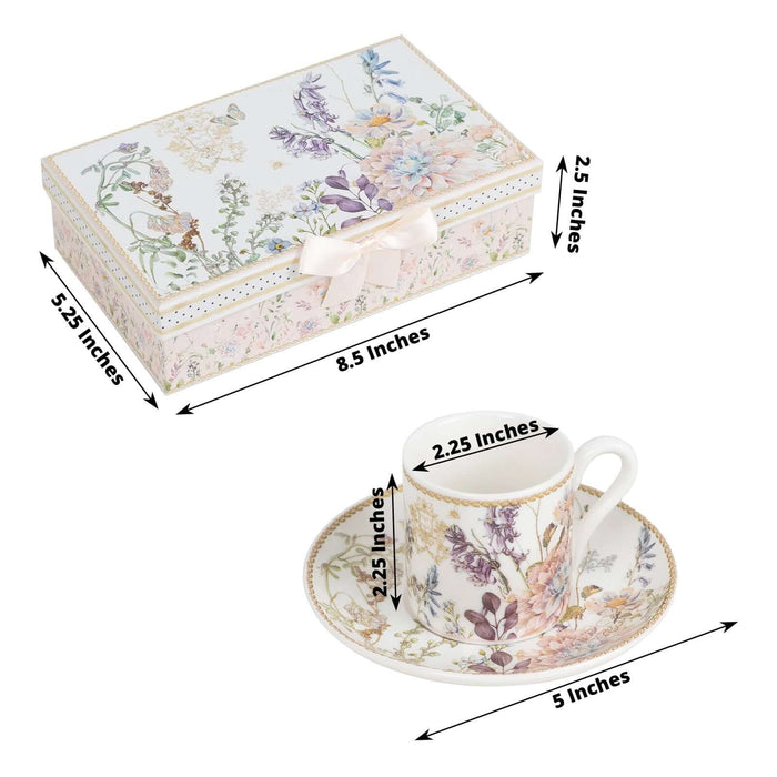 Floral patterned teacup and saucer set with decorative gift box