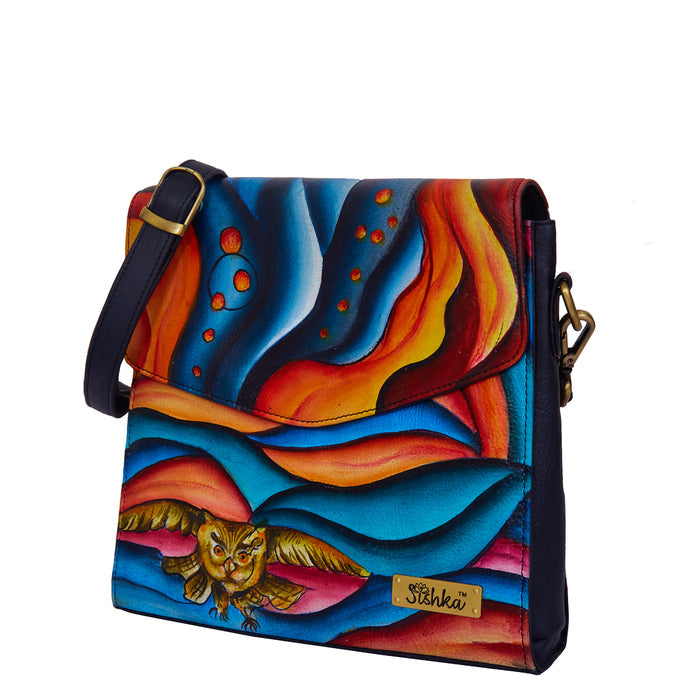 Women's hand-painted multicolour leather crossbody bag for everyday carry-half side view