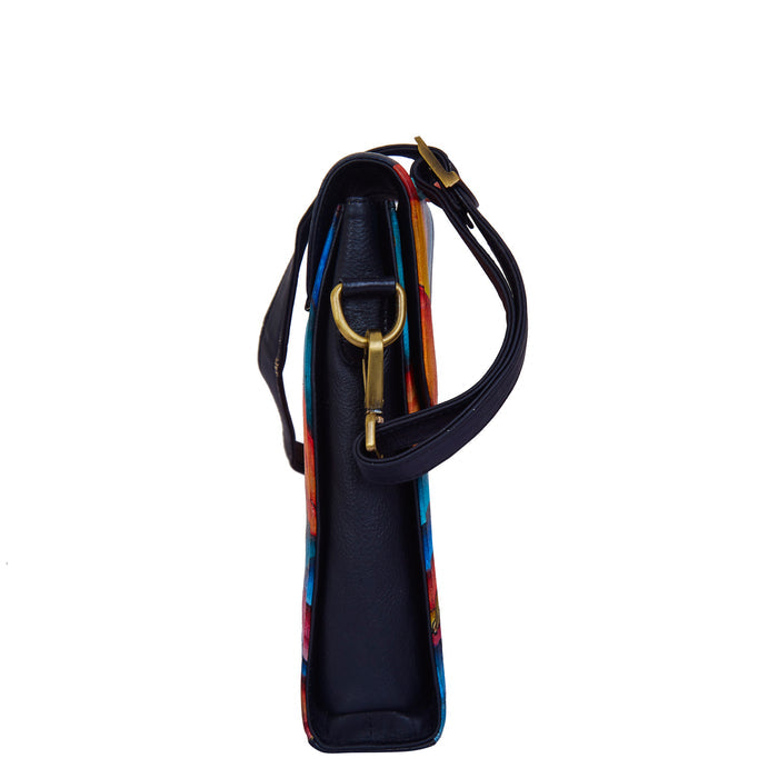 Women's hand-painted multicolour leather crossbody bag for everyday carry-side view