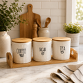 Ceramic Coffee, Tea & Sugar Canister Set with Bamboo Lids & Wooden Tray – 3-Piece Kitchen Storage Organizer
