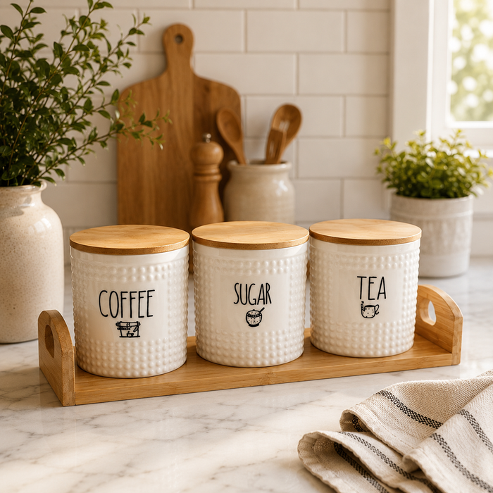 Ceramic Coffee, Tea & Sugar Canister Set with Bamboo Lids & Wooden Tray – 3-Piece Kitchen Storage Organizer