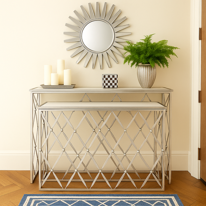 Console Table Silver Entrance Marble Top Table in Silver with White & Grey Shade Marble Top Available in TWO Sizes