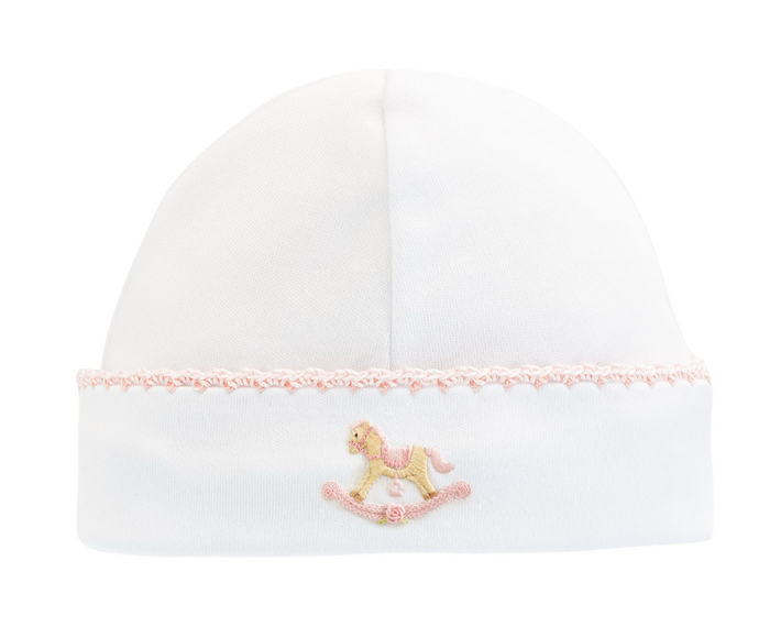 Cute Rocking Horse- Pink Round Hat w/Crochet Trim
