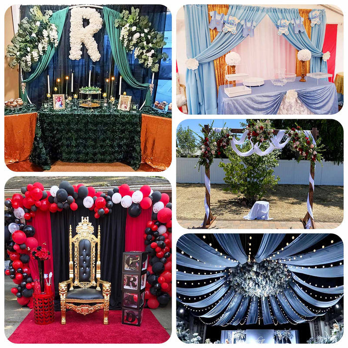 Event decoration setup featuring themed tables, backdrops, and floral arrangements.