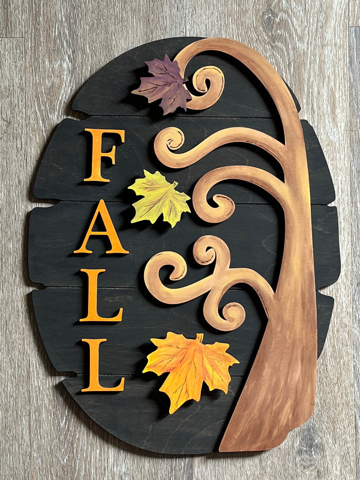 Fall Tree on Weathered Oval - Layered