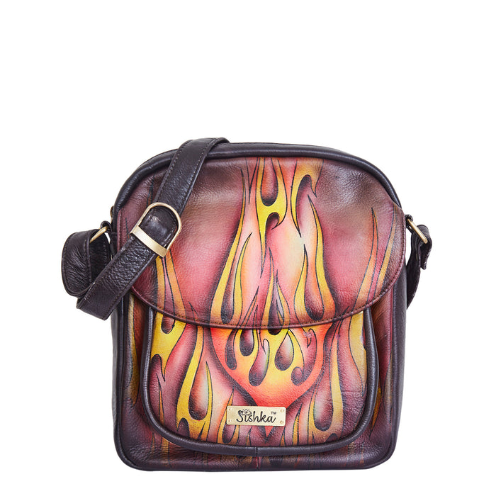 Women's hand-painted flaming artwork leather slim crossbody bag for daily use