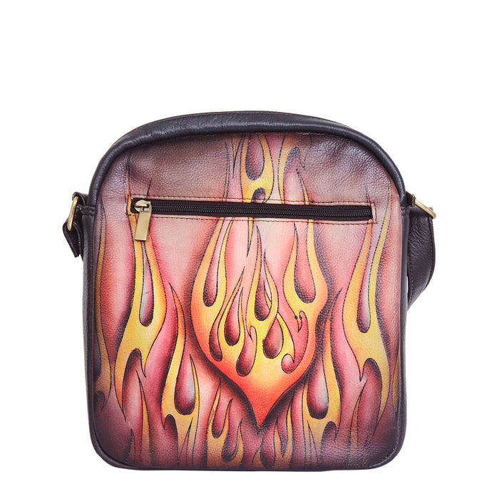 Women's hand-painted flaming artwork leather slim crossbody bag for daily use-back view