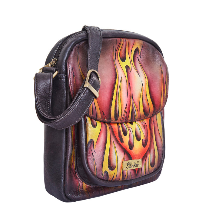 Women's hand-painted flaming artwork leather slim crossbody bag for daily use-half side view