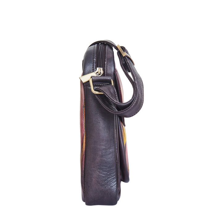Women's hand-painted flaming artwork leather slim crossbody bag for daily use-side view