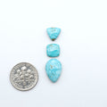 Fox Turquoise cabochons, polished gemstones with natural matrix on a white background, with a US dime for scale