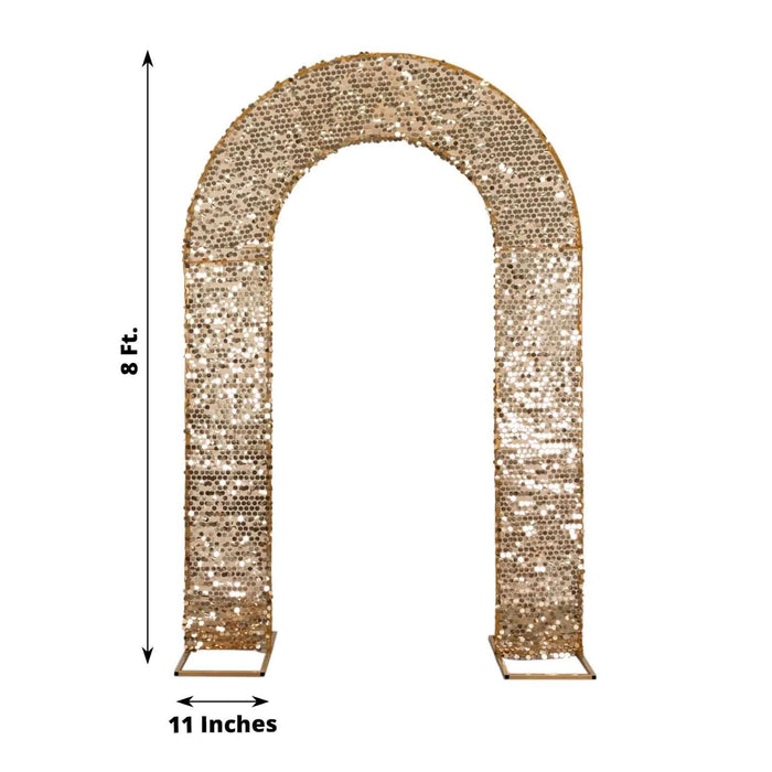 Golden sequined photo backdrop arch, 8 ft tall and 11 inches wide.